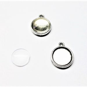 Ensemple pendentif plateau 12mm, 18 x 15 x 3mm avec cabochon en verre